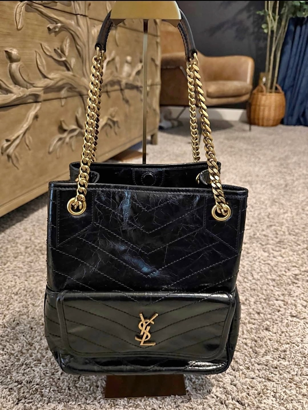 Saint Laurent Black Quilted Leather Shoulder Tote with Gold Chain Handles
